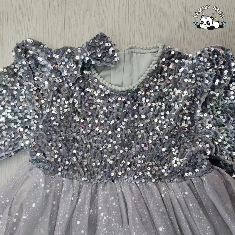 LEZONKIDS - Girls' Long Sleeve Sequin Princess Dress Tulle Poncho Casual Vintage Mini Style Deco Bow Plaid Pattern Dress